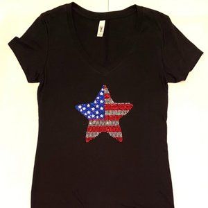 USA Star Patriotic Sparkling Bling Rhinestone Women's Black V-Neck Shirt